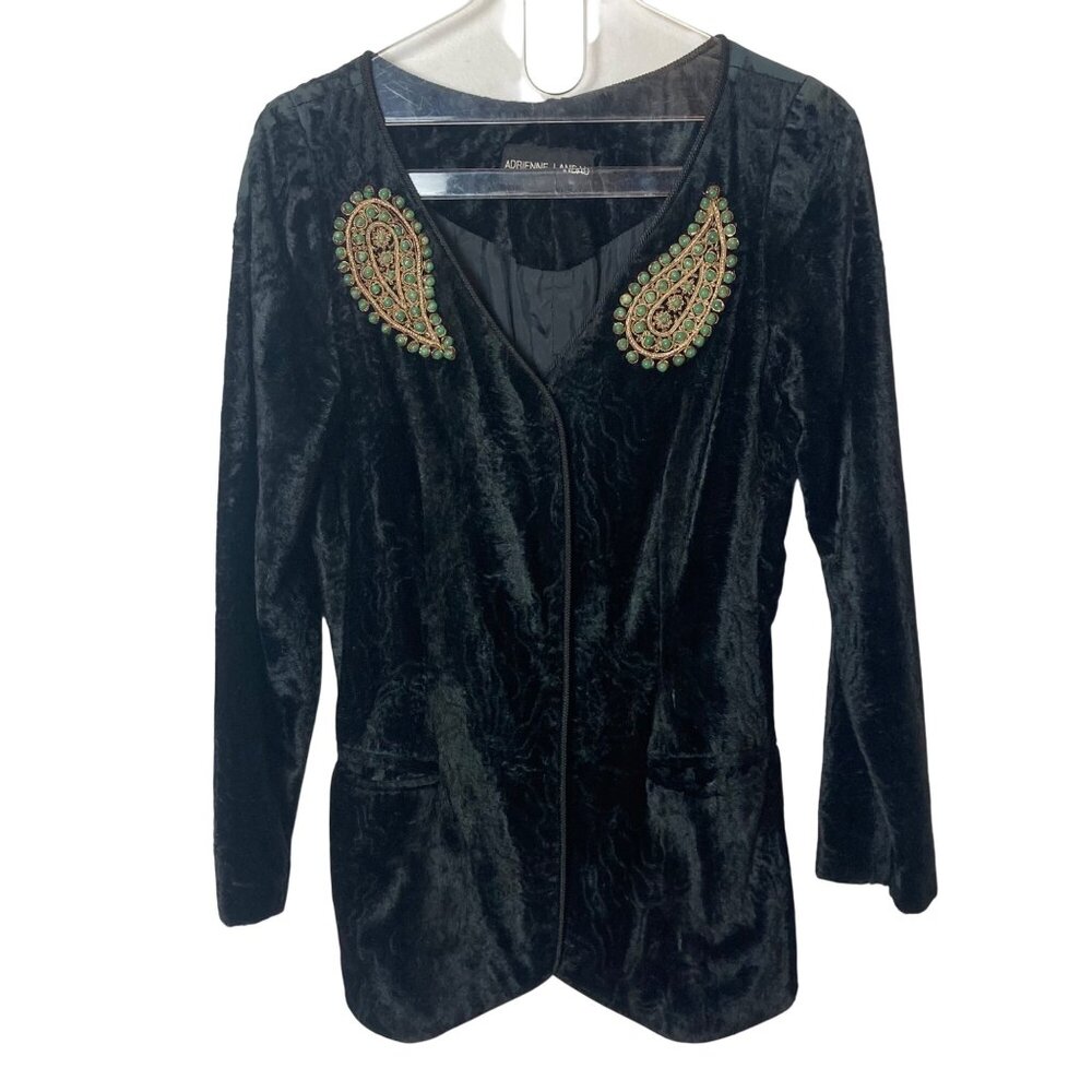 VTG Adrienne Landau Black Crushed Velvet Jacket 8 Gold Accents Grunge Whimsigoth